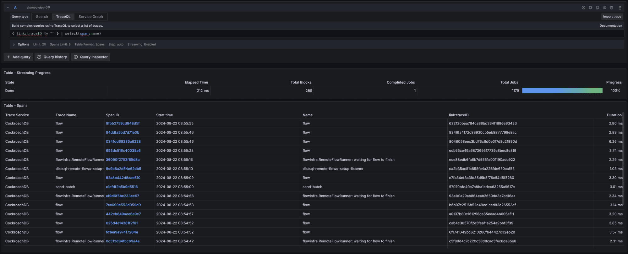 A screenshot showing a query base on span links.