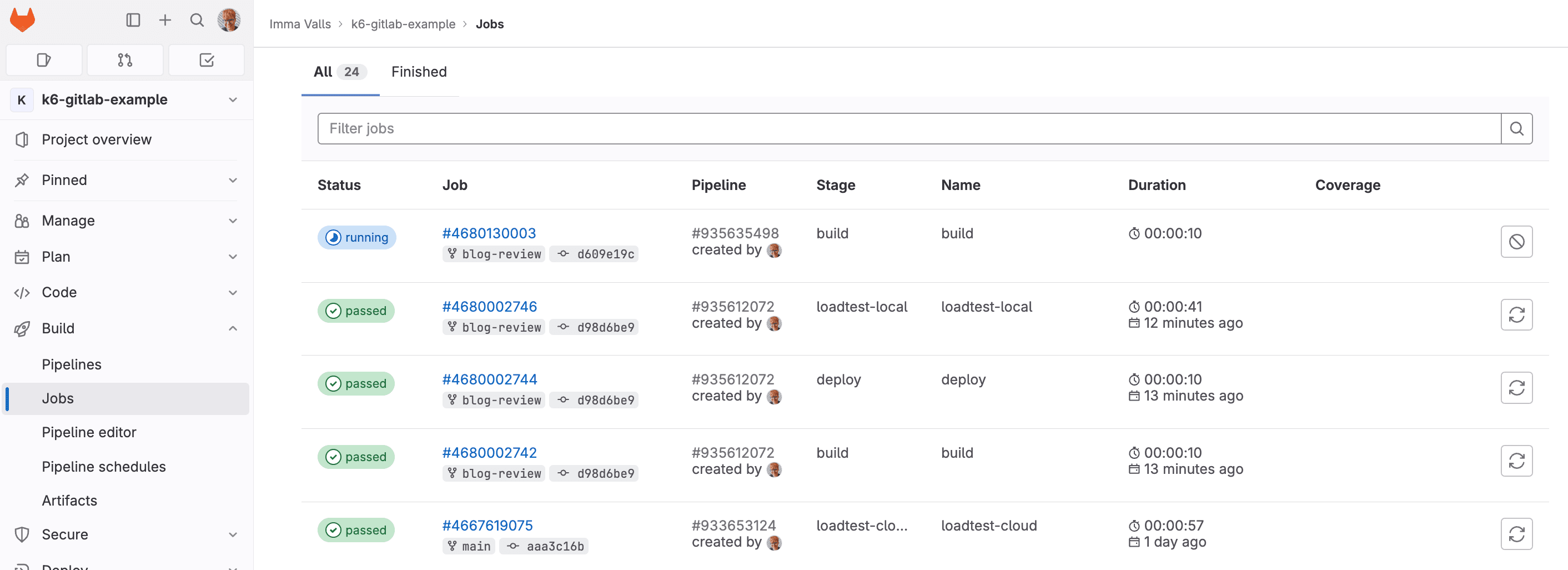 GitLab job list.