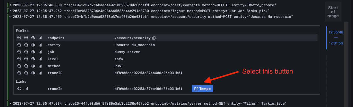 A screenshot of loglines and the Tempo button