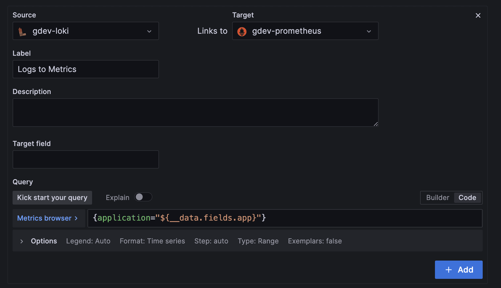 Screenshot of correlations feature in the Grafana UI.