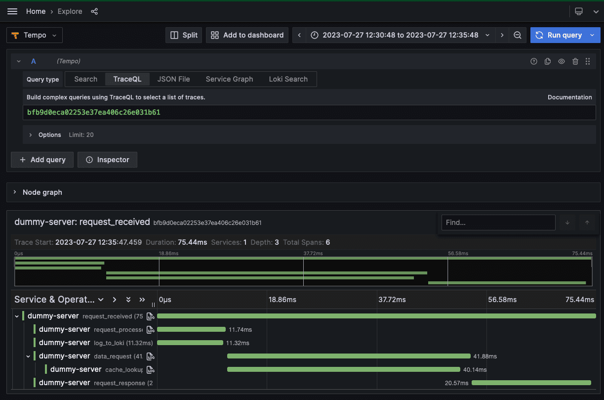 A screenshot of Trace view