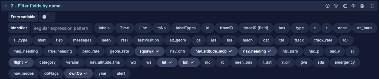 Filter fields by name menu