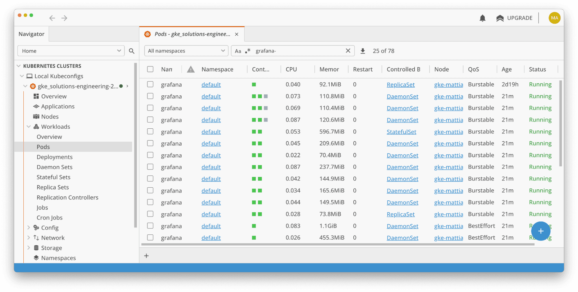 A screenshot showing a list of data related to Kubernetes pods.