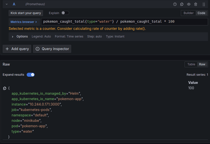 A screenshot of Prometheus results for a sample PromQL query.