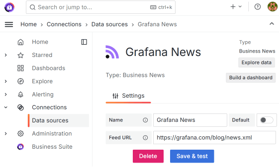 The Business News data source configuration.
