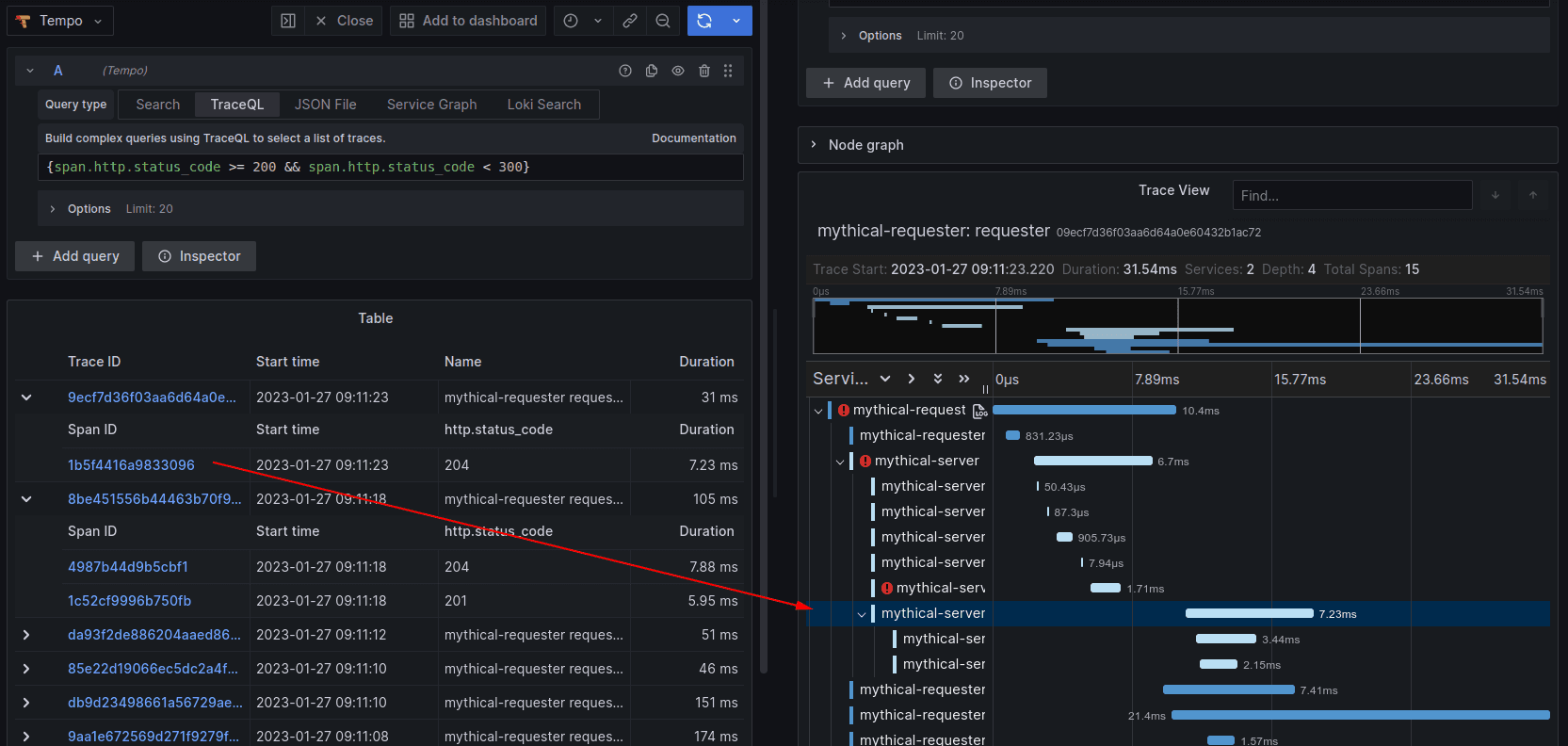 A screenshot of using TraceQL in Grafana Tempo.