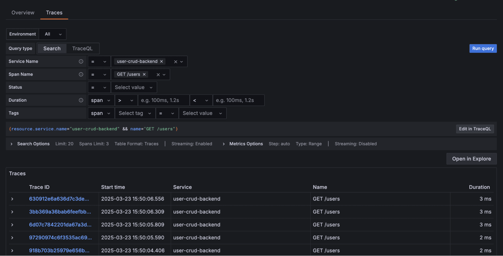 Traces query