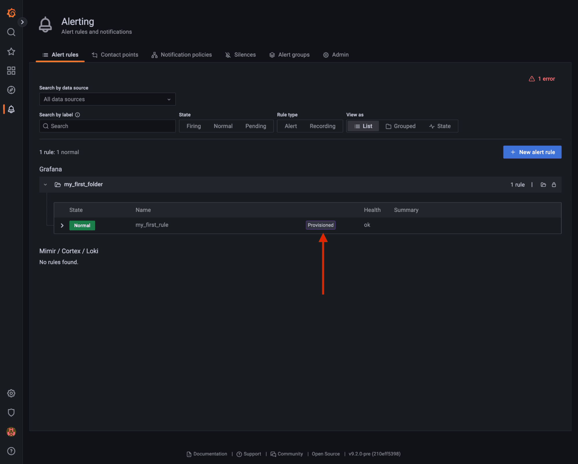 Grafana Alerting UI showcasing provisioned alerts.