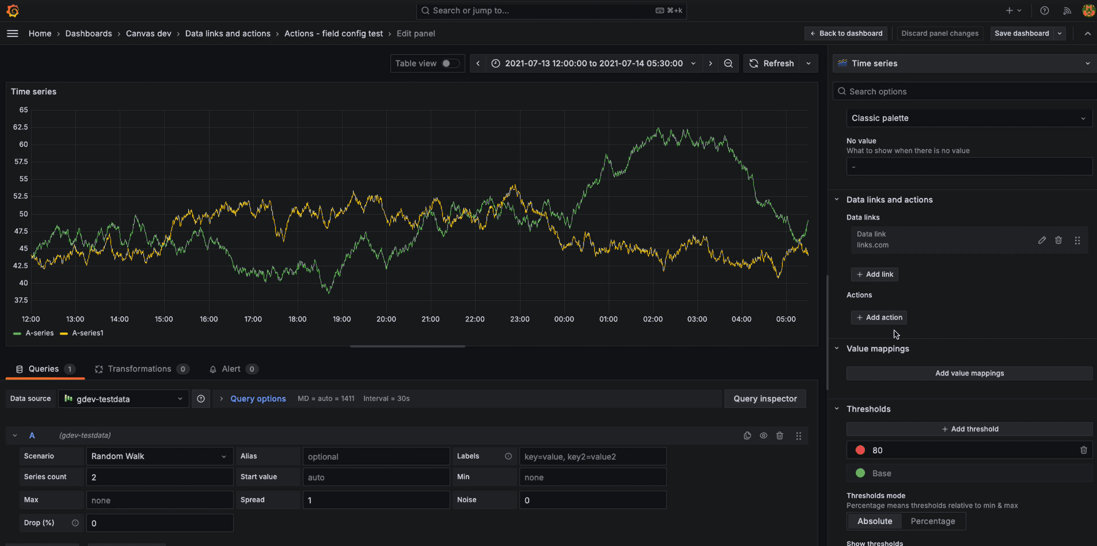 A screenshot showing how to add actions to visualizations.