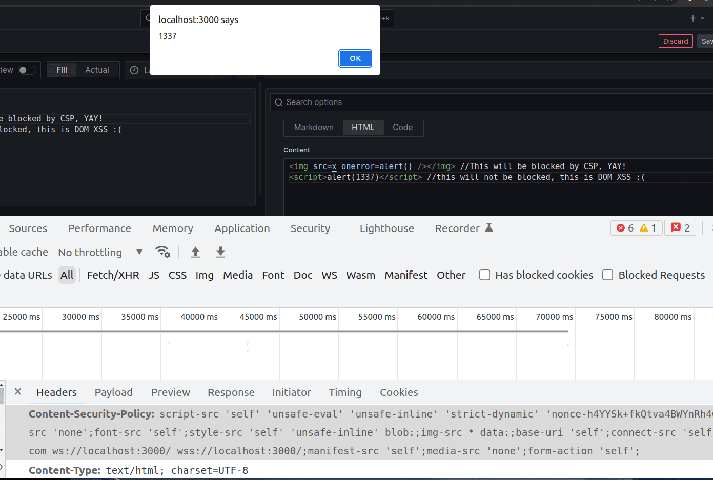 A screenshot shows the event handlers blocked but the script tags are still being executed.