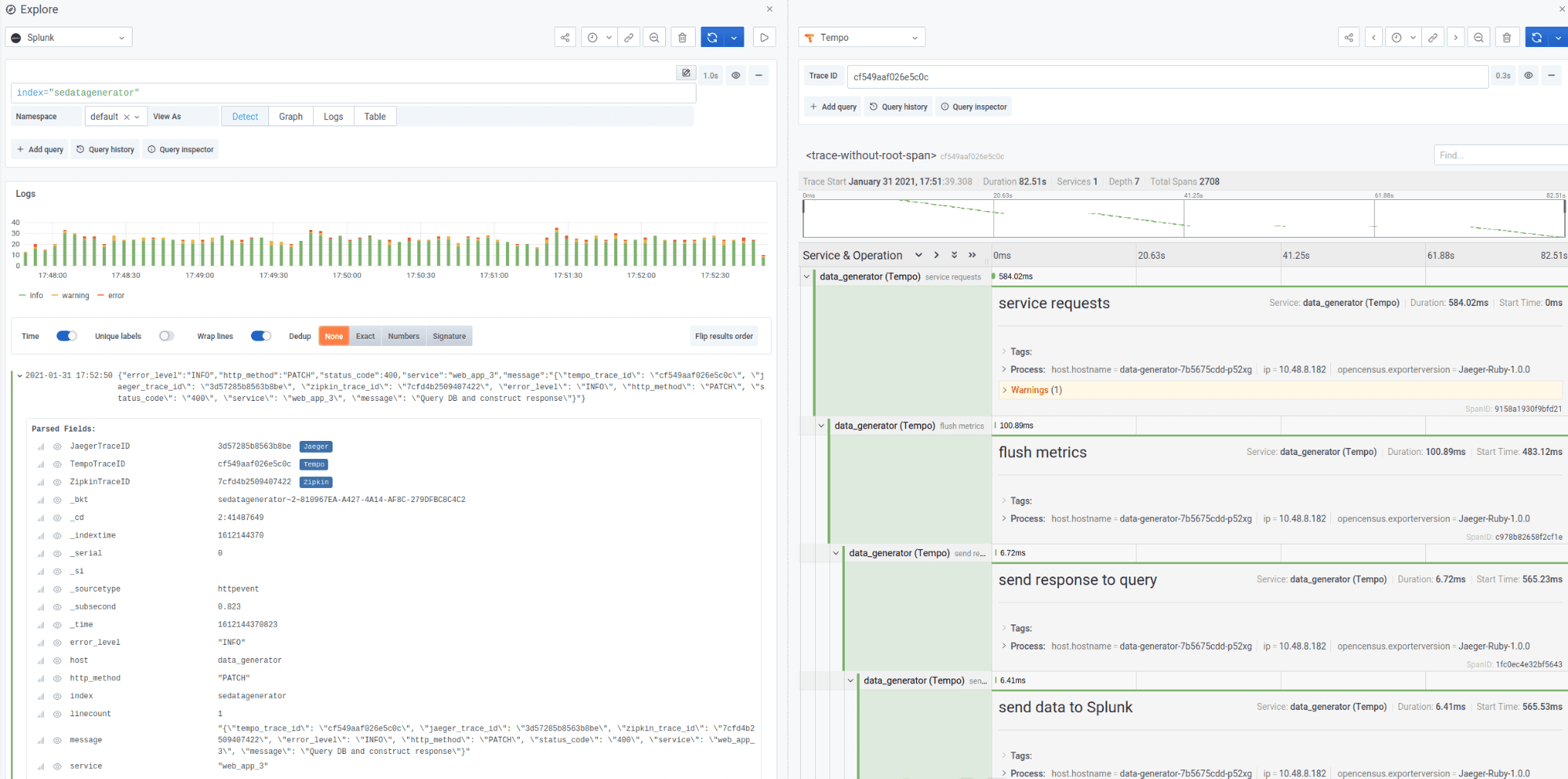 The Splunk plugin for Grafana now supports data links for jumping directly from logs to traces