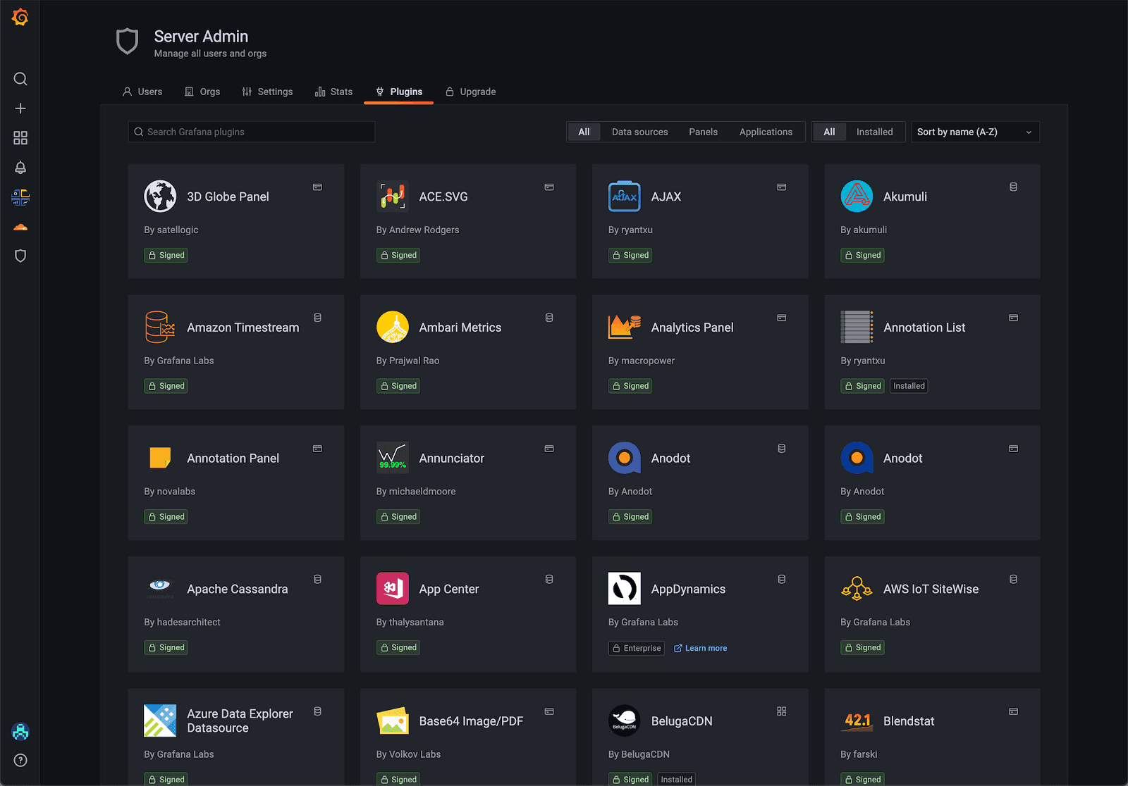 Screenshot of the plugin catalog in the Grafana UI.