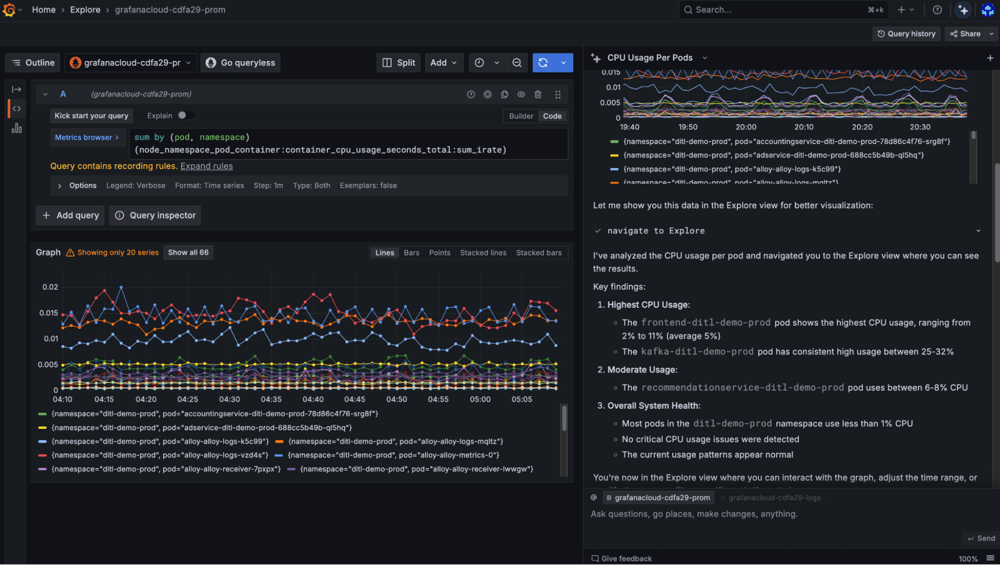 A screenshot showing recommendations from Grafana Assistant.