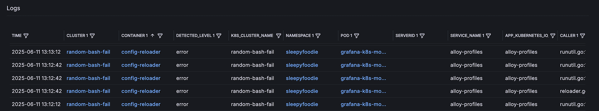 A screenshot of a logs table for a Kubernetes cluster.