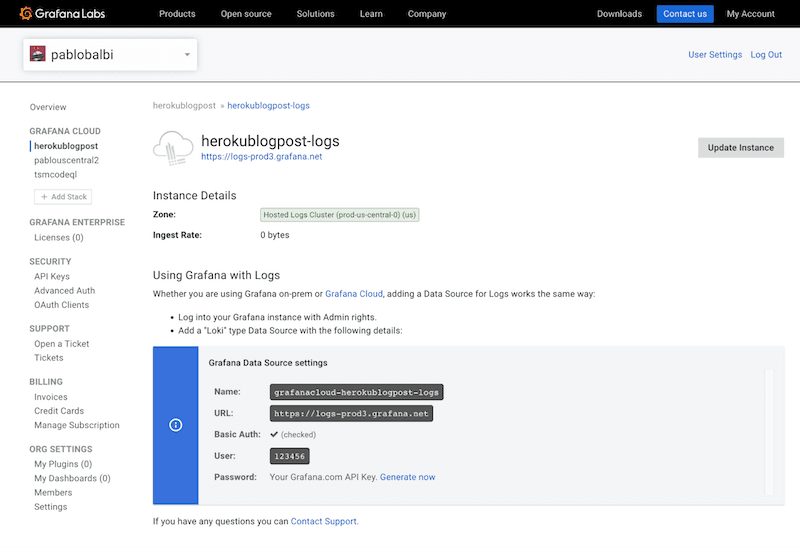 Grafana Cloud UI for configuring Heroku logs with Grafana Loki.