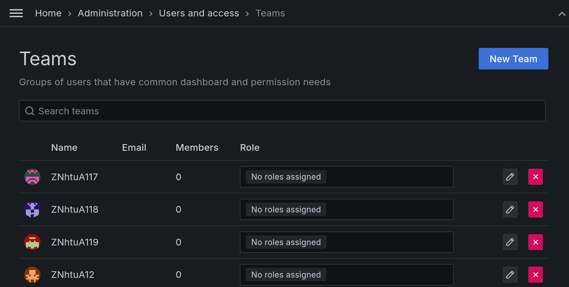 Team selector menu