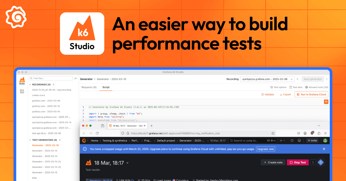 Screenshot of k6 Studio interface with code results displayed, showcasing a performance testing environment.