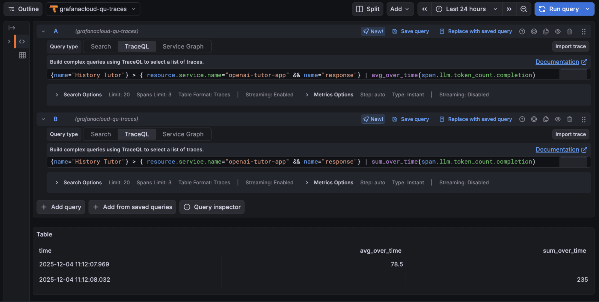 Dark mode interface showing a service graph query in Grafana Cloud with results table. Query settings and SQL syntax visible.