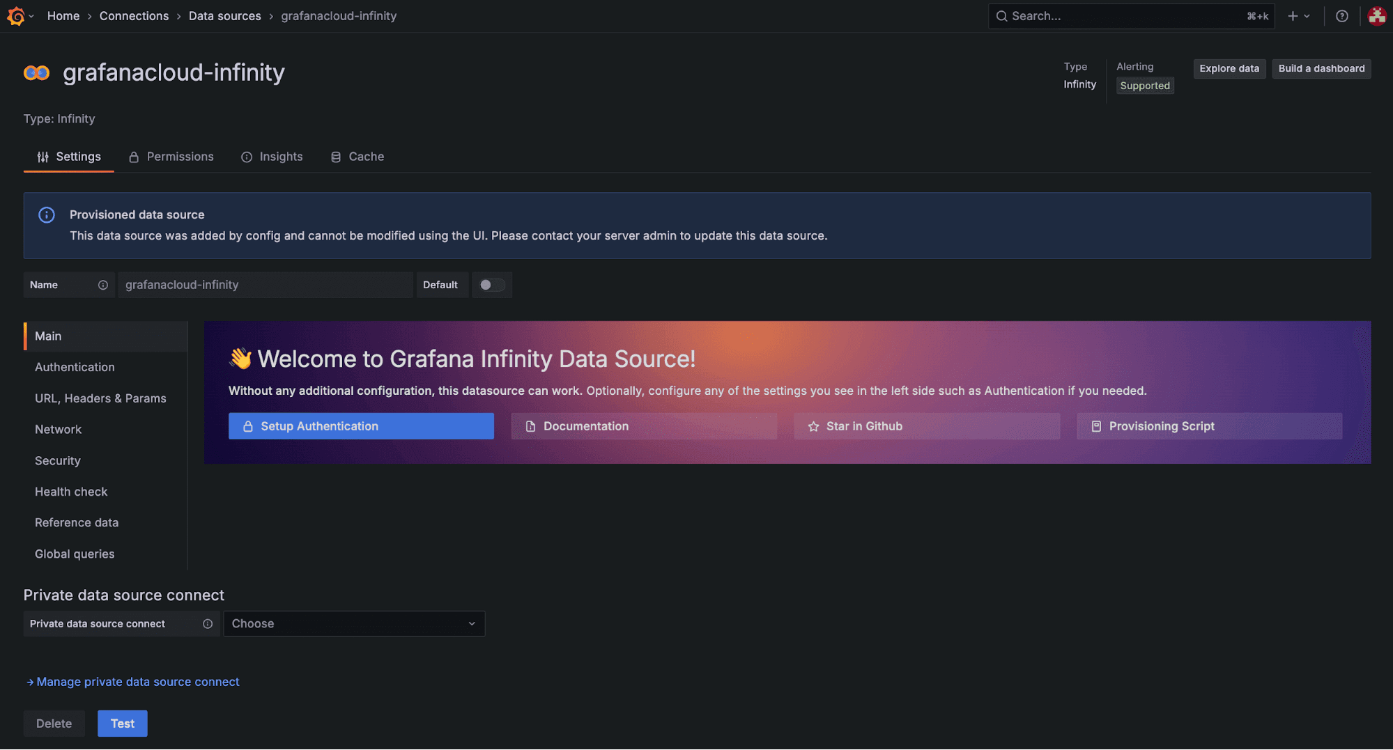 Screenshot of Grafana Infinity data aource setup page with options for authentication, documentation, and private data source connection.