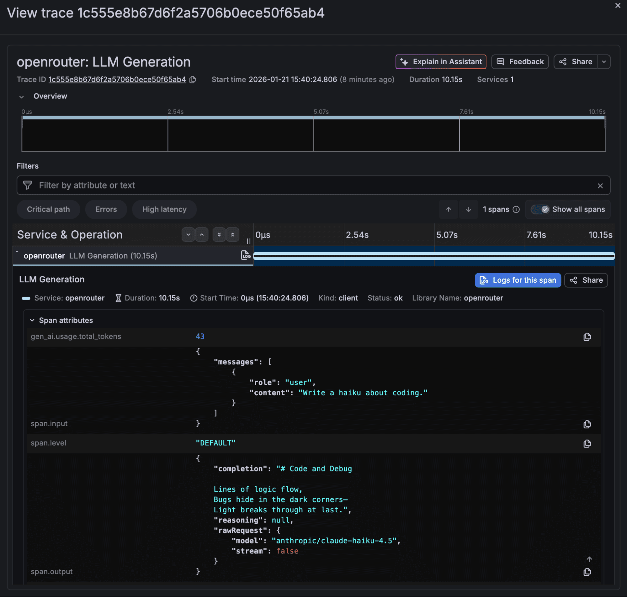 Grafana Cloud interface showing trace visualization for LLM generation with a haiku about coding, including spans and timeline.