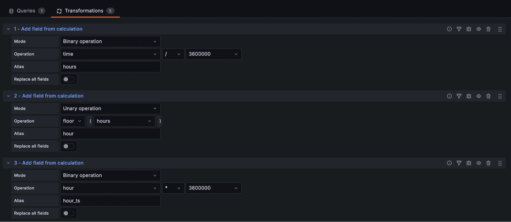 The Grafana Cloud UI showing three sections for adding fields for transformations.