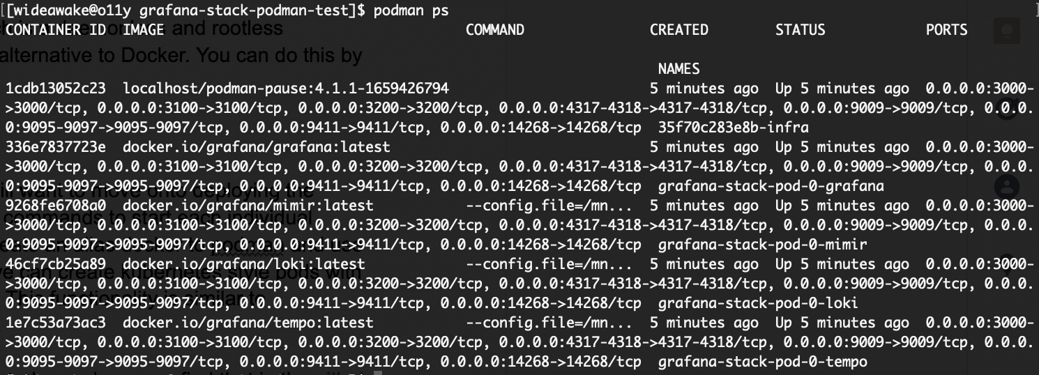 Screenshot of successful Podman commands verifying pod is running in containers.