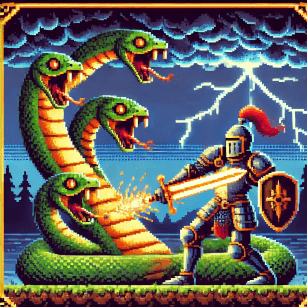 An image of a knight fighting a hydra.