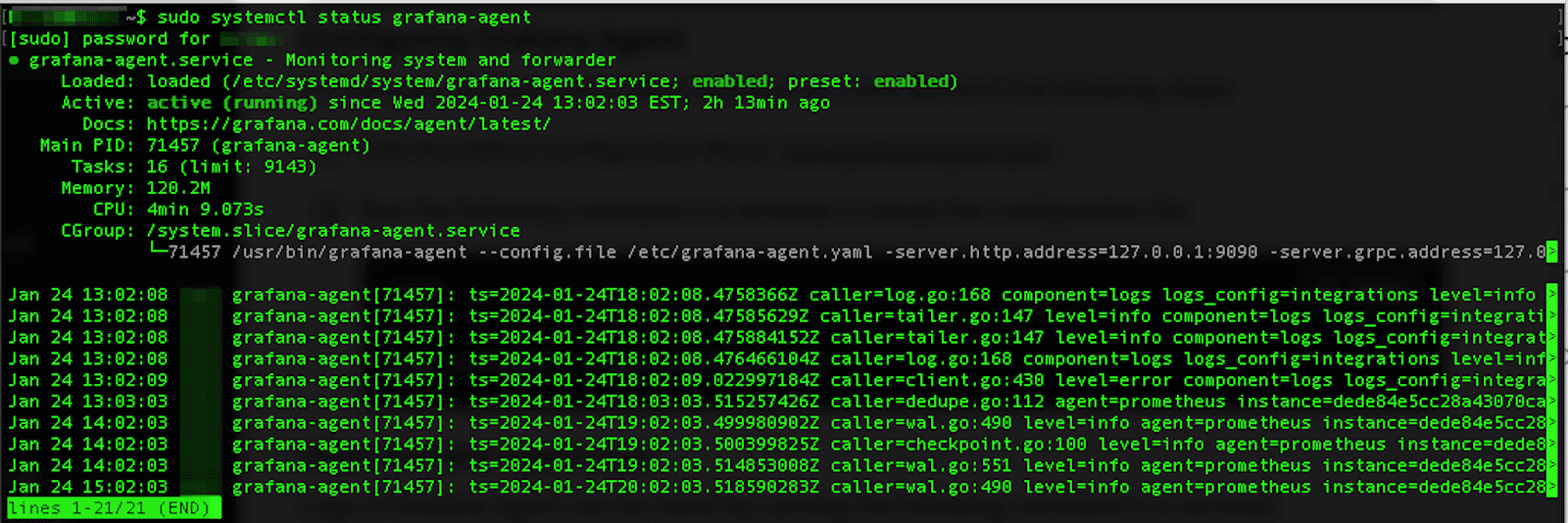A screenshot showing the status of the Grafana Agent service running on the Linux server.