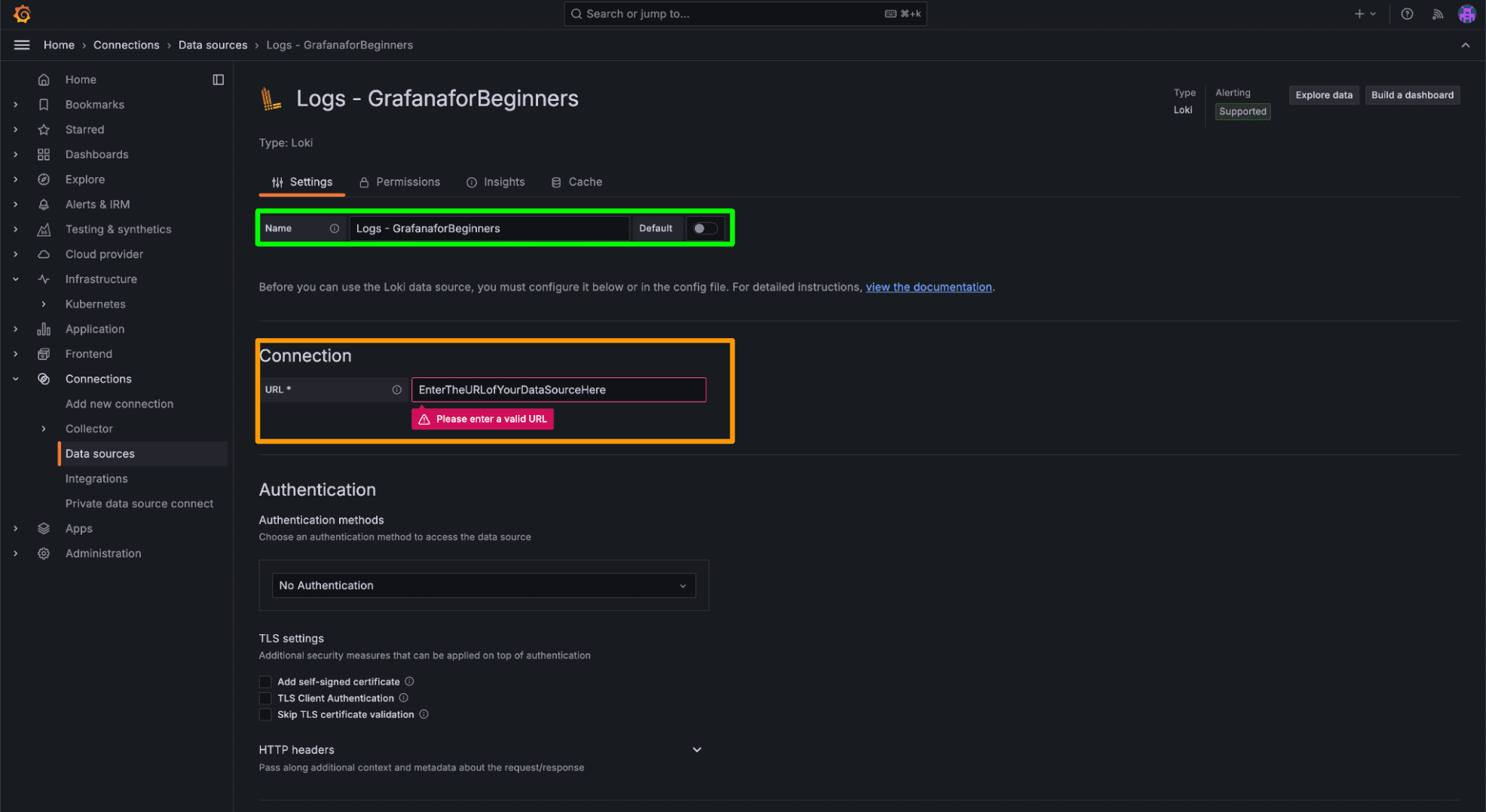A screenshot showing how to enter the data source URL.