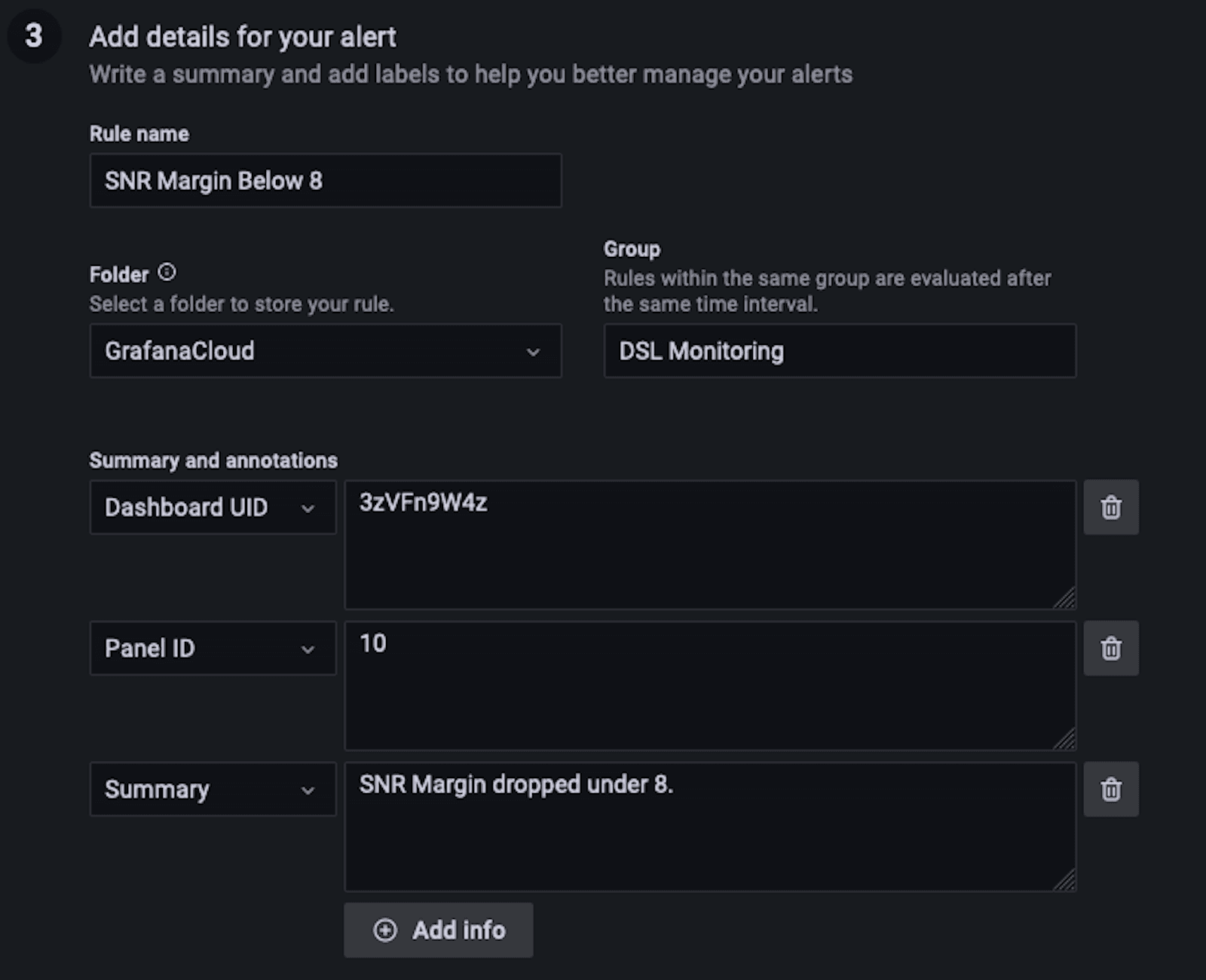 A screenshot showing a window for adding details to an alert in Grafana.