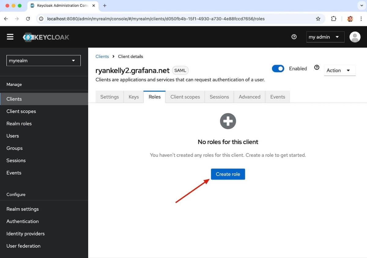 A screenshot of a Keycloak window with an arrow pointing at the Create role button