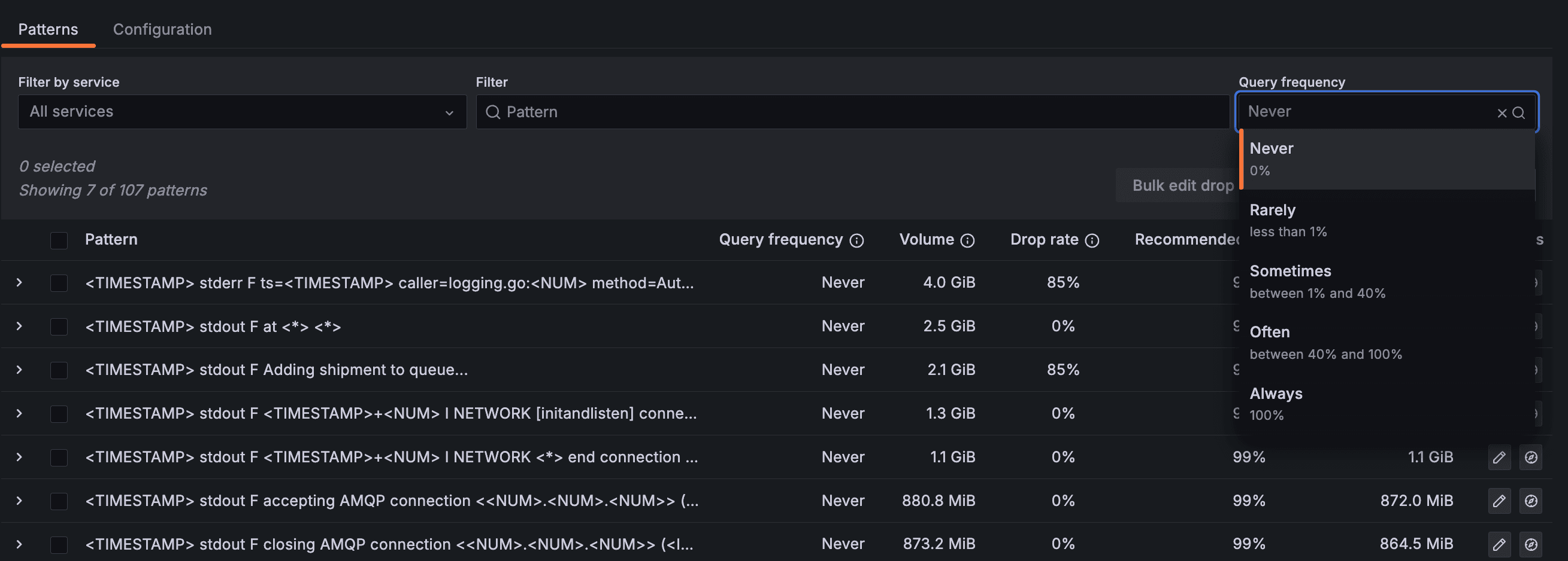 A screenshot of the usage filter functionality in Adaptive Logs.
