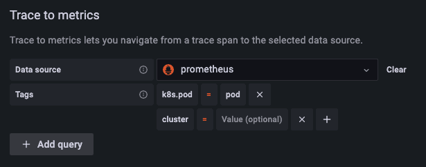 Configure data source in Grafana 9.1 for trace to metrics feature.