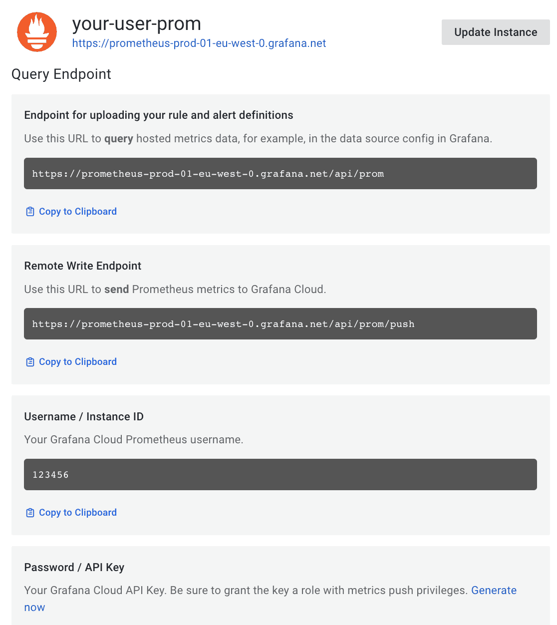 Screenshot of Grafana Cloud UI to set up Prometheus end point