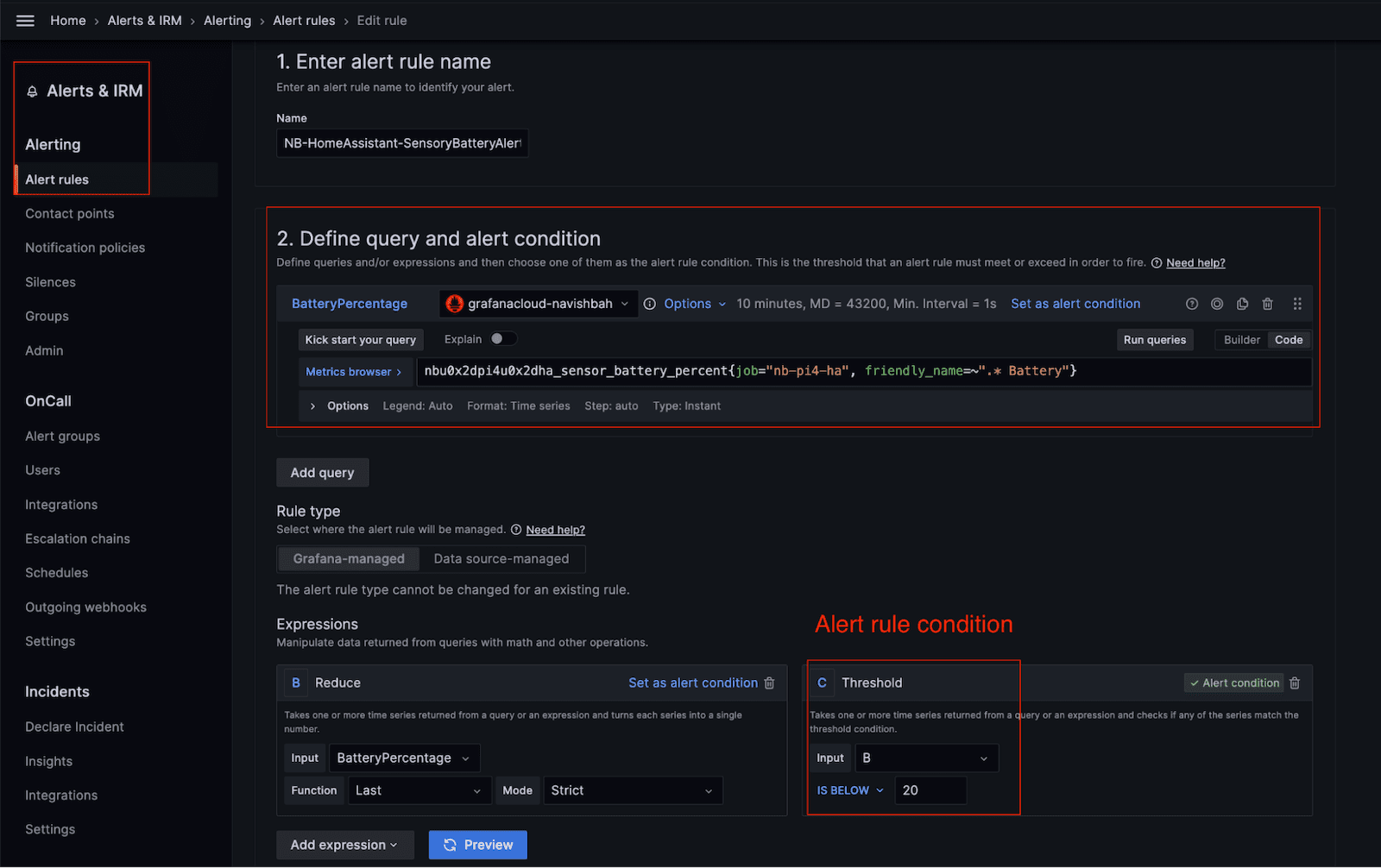 A screenshot of the Alert rules page in the Alerts & IRM settings.