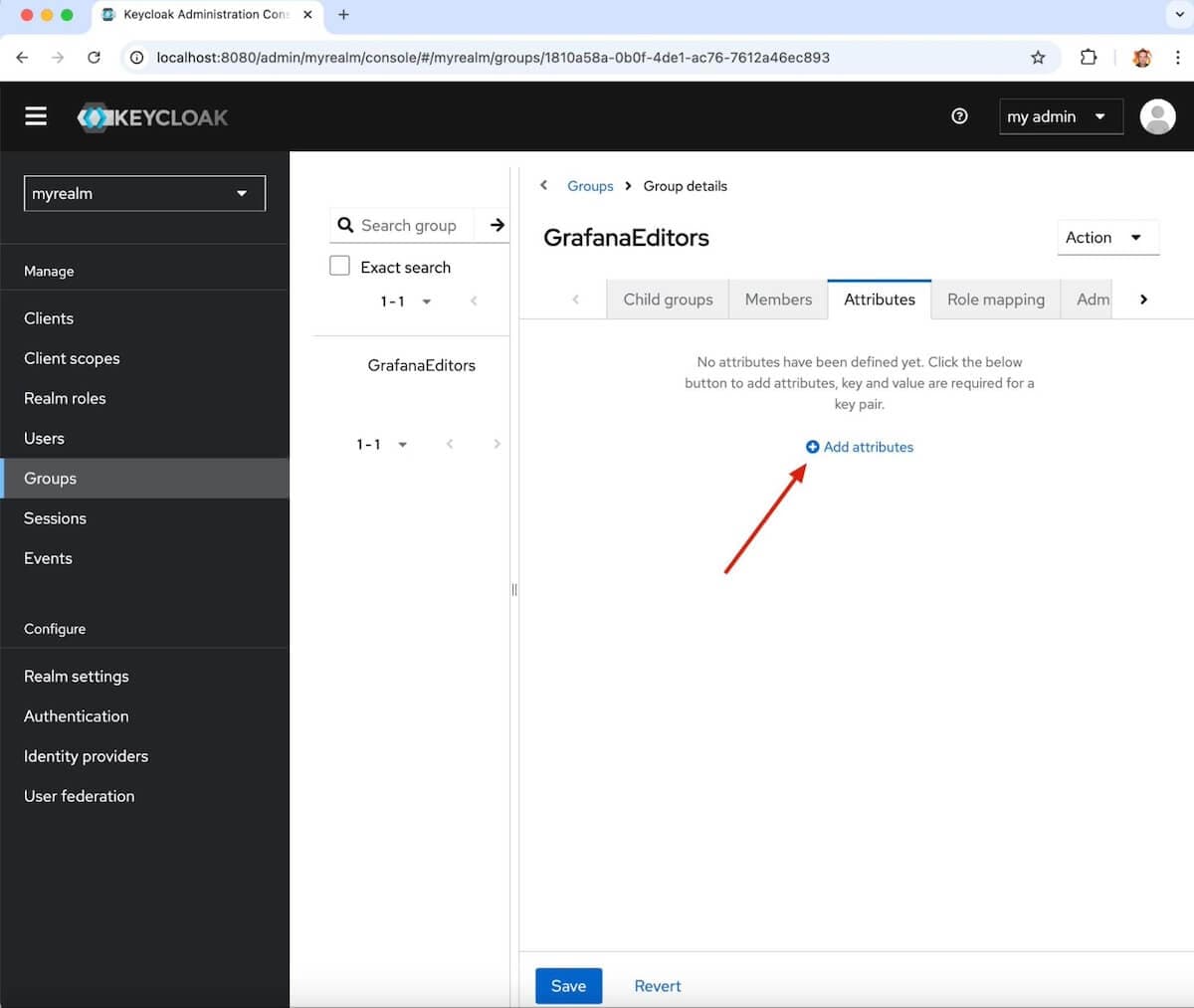 A screenshot of the Attributes tab in the GrafanaEditors window in Keycloak with an arrow at the Add attributes button