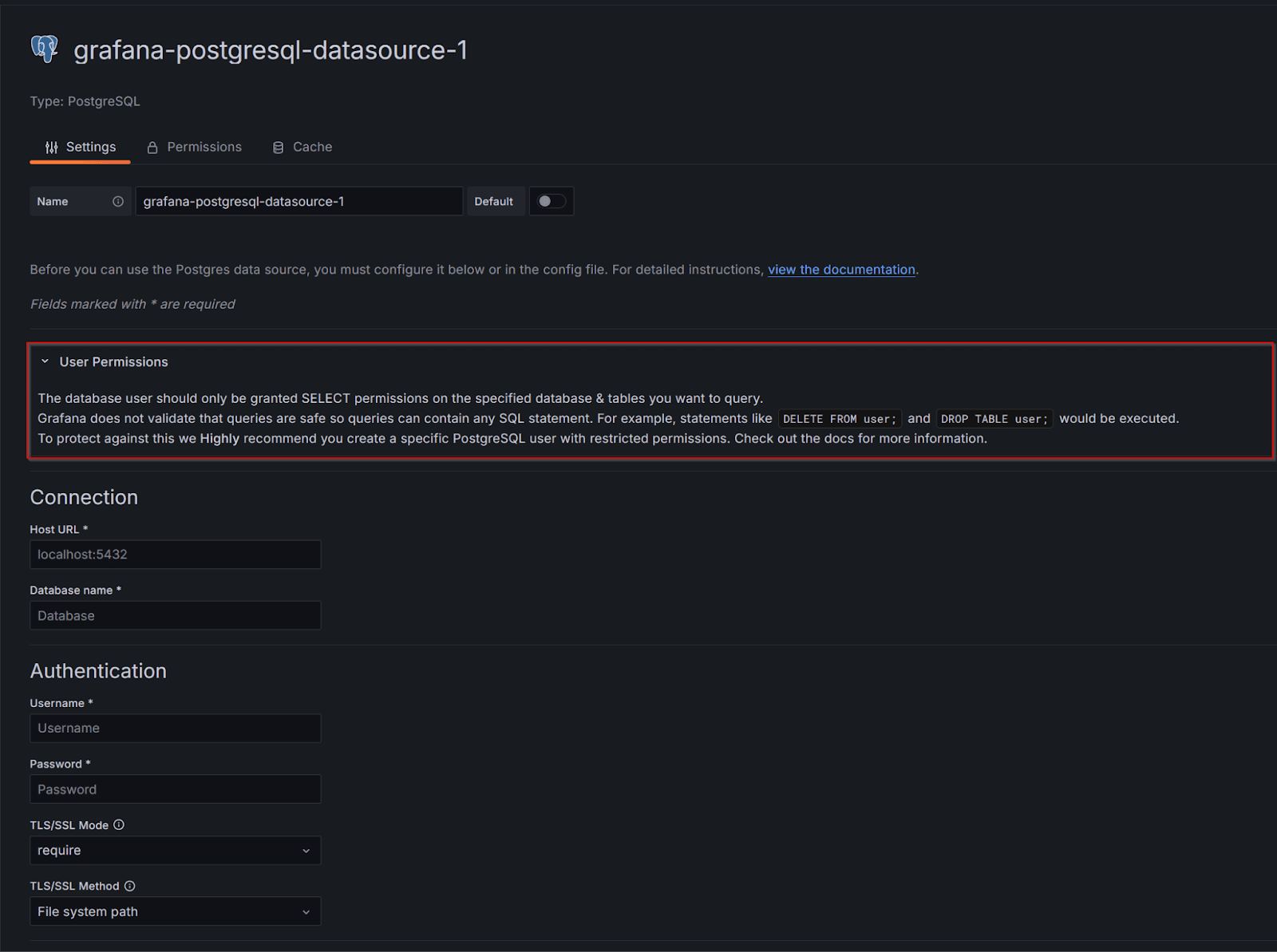 Warning in the configuration page for all SQL data sources.