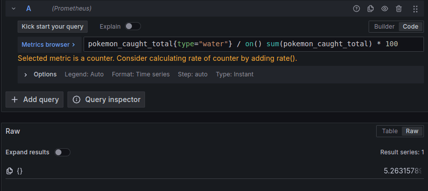 A screenshot of a PromQL query using the on keyword.