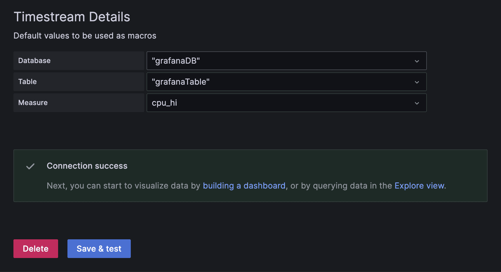 Screenshot of verifying connection to a data source in Grafana.