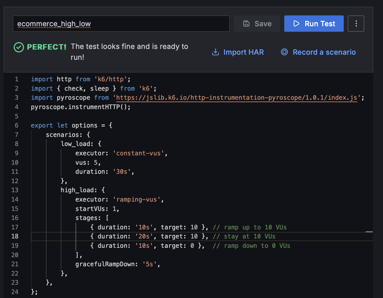 A screenshot of sample code for running a load test in Grafana Cloud k6 with the Pyroscope package.
