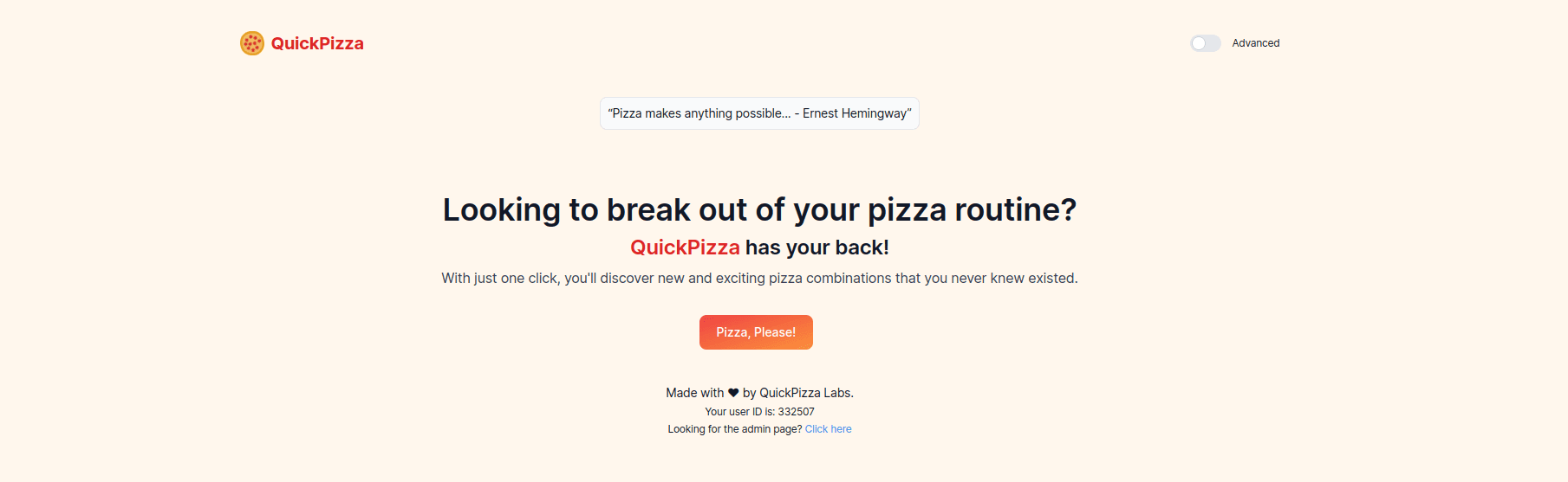 A screenshot of the example QuickPizza application.