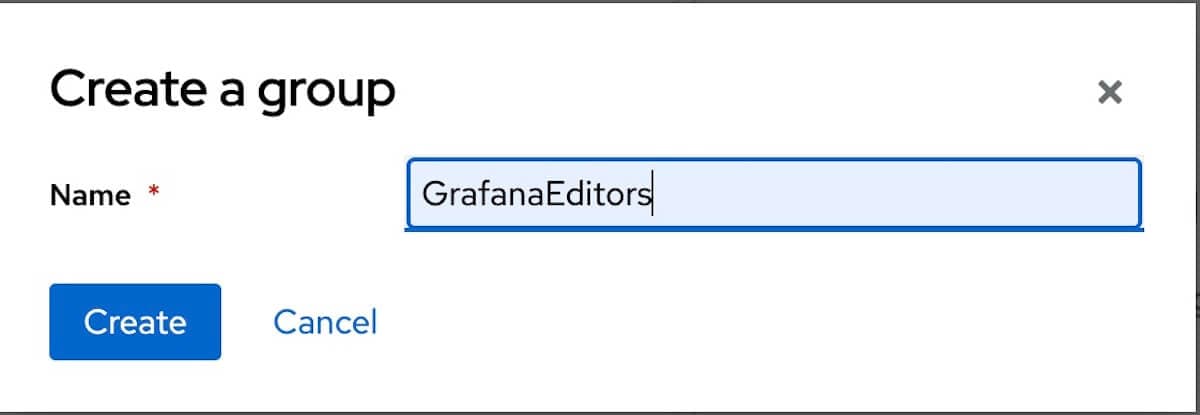 A screenshot showing the name GrafanaEditors in the Create a group box
