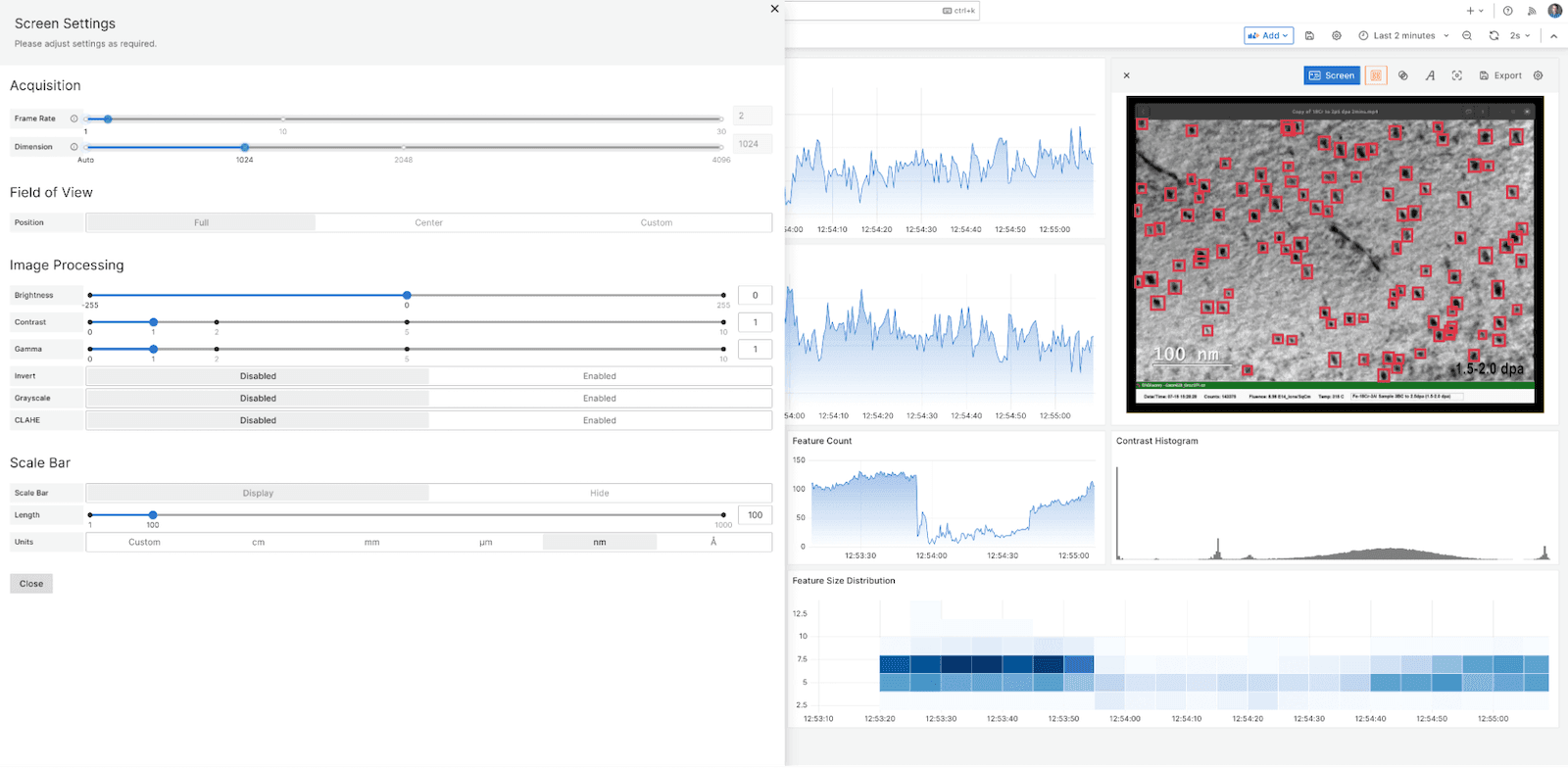 A screenshot of the Acquisition configuration drawer from the Acquisition panel, sliding out from the left and appearing side-by-side with the Vision panel.