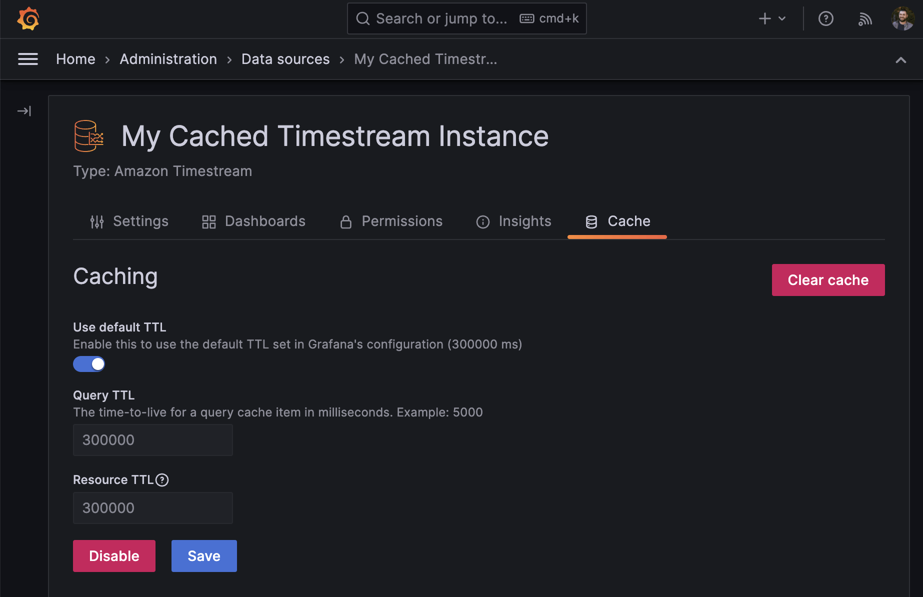 Screenshot of configuring caching in Grafana with Amazon Timestream data source plugin.
