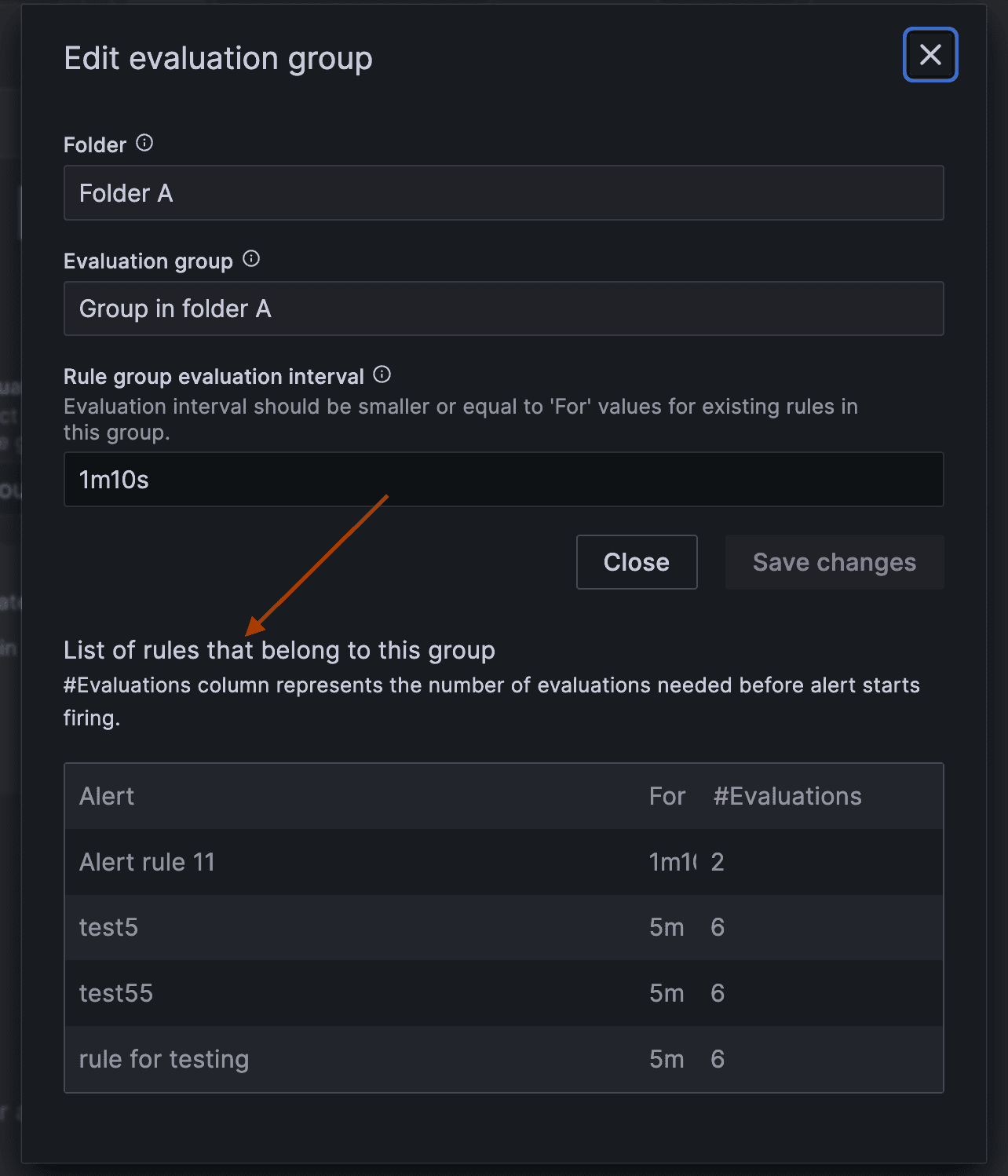 Screenshot with arrow highlighting hint for number of evaluations for triggering alerts in Grafana Alerting