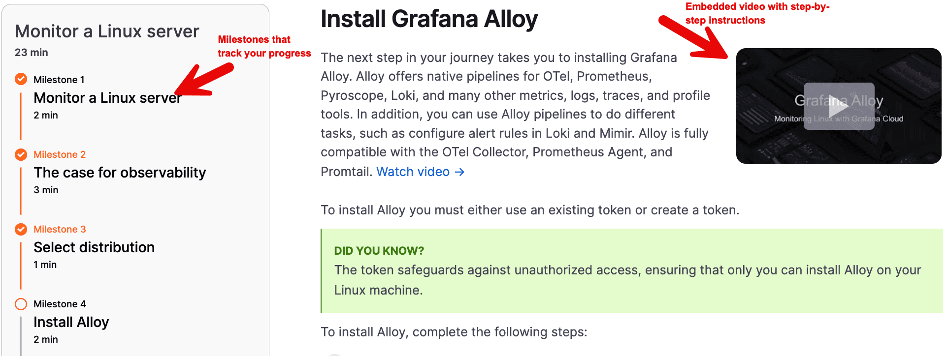 Annotated screenshot of the Grafana Alloy learning journey