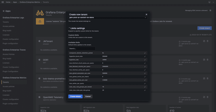 A screenshot of someone creating a new tenant and setting limits.