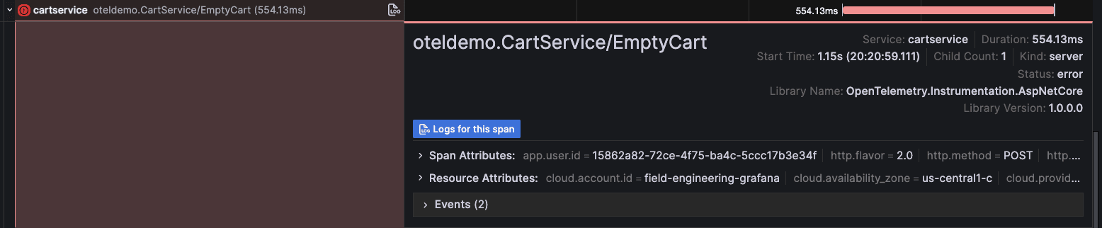 A screenshot of the Logs for this span button.