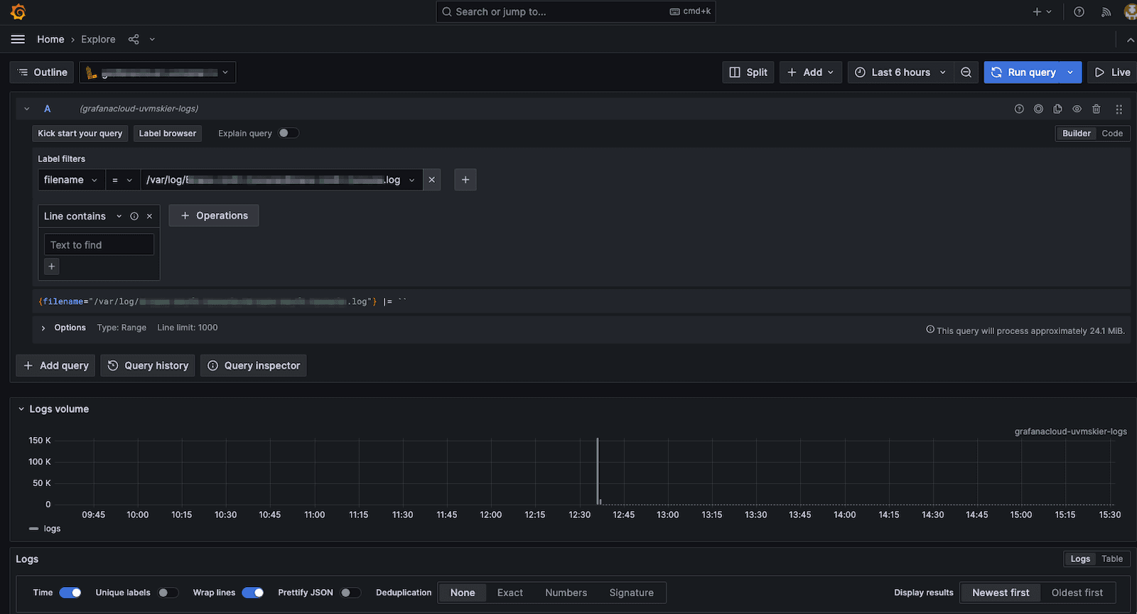 A screenshot showing the Logql query used to query the VPN logs in Grafana.