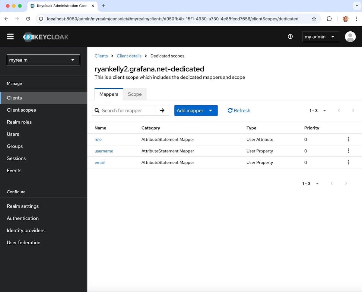 A screenshot of a Keycloak window showing the role, username, and email mappers